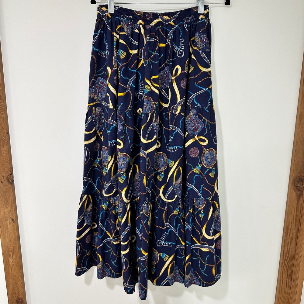 Chaus Sport Tiered Maxi Skirt Women Size S Navy Blue Chain Print‎ | Nautical